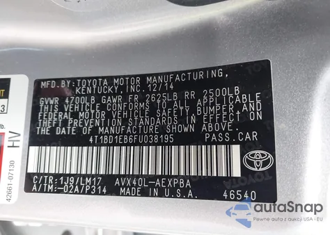 2015 Toyota Avalon Hybrid Limited from USA, damaged, VIN 4T1BD1EB6FU038195